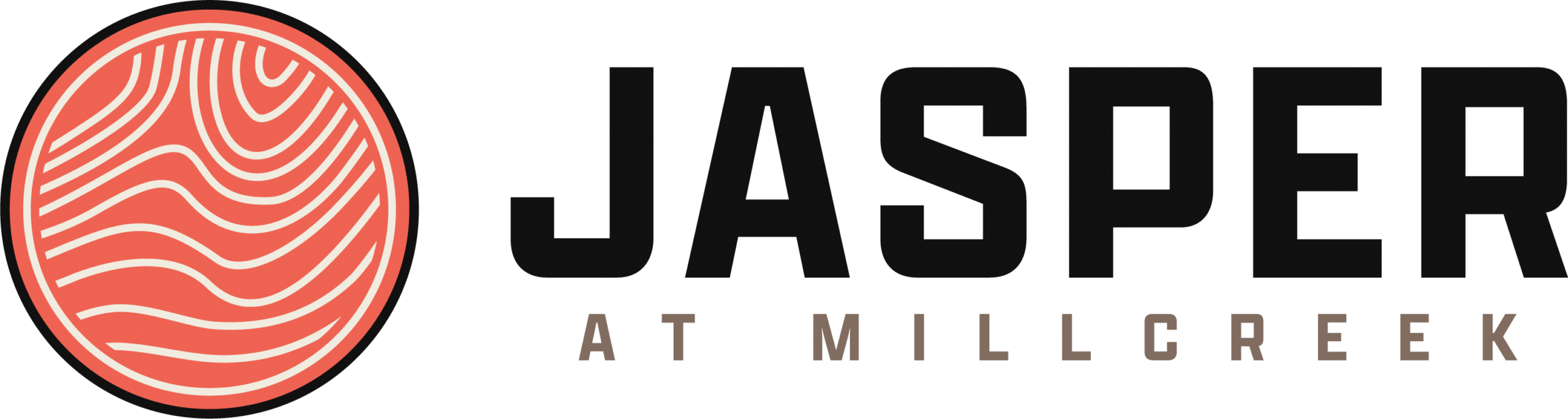 Jasper at Millcreek logo with a coral circular fingerprint emblem on the left and bold black text to the right