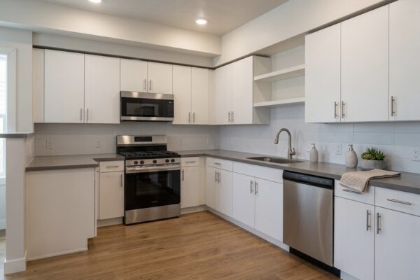 Bright modern kitchen with white cabinets, stainless steel microwave and gas range, and a dishwasher along a gray countertop run.