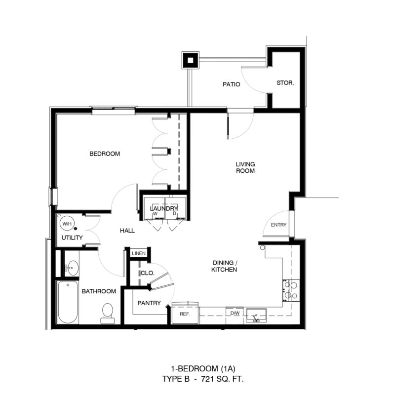 One-bedroom apartment floor plan showing entry, living room, dining/kitchen, bedroom, bathroom, laundry/utility, and patio/storage areas labeled.