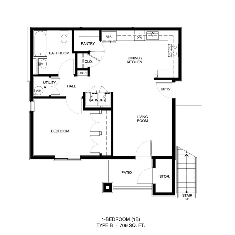 Floor plan of a one-bedroom apartment showing entry, living room, dining/kitchen, bedroom, bath, laundry, and patio.