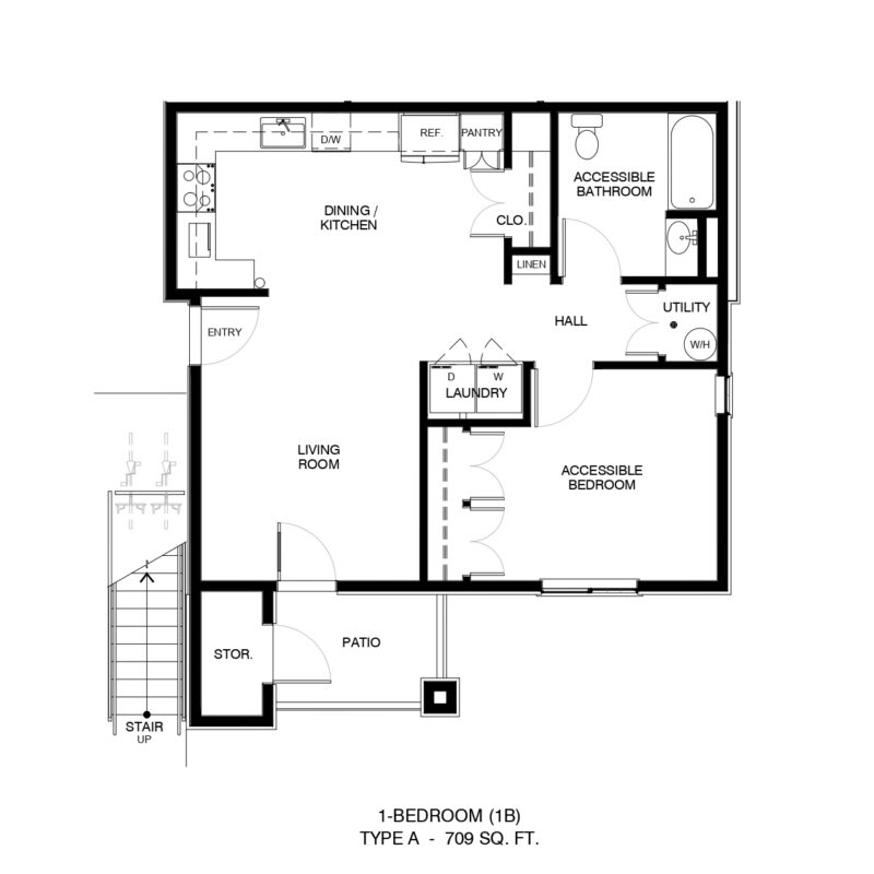 Floor plan of a 1-bedroom apartment: living room, dining/kitchen, accessible bedroom, accessible bathroom, hall, laundry, utility, storage, and patio labeled for orientation.