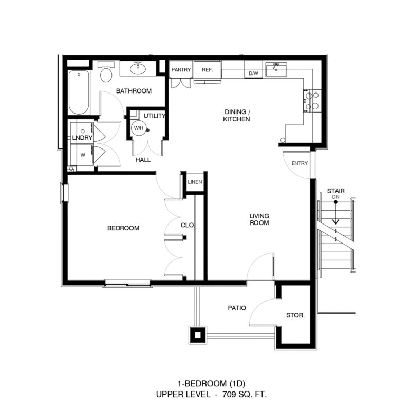 Upper-level floor plan of a 1-bedroom apartment: living/dining area, kitchen with pantry, bathroom, bedroom with closet, utility and hall spaces, patio and storage with stairs nearby.