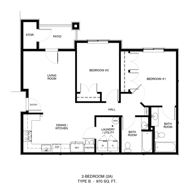 Top-down floor plan of a 2-bedroom apartment showing living room, dining/kitchen, laundry/utility, hall, bath, patio, and storage area. A balcony/patio is at the top left.