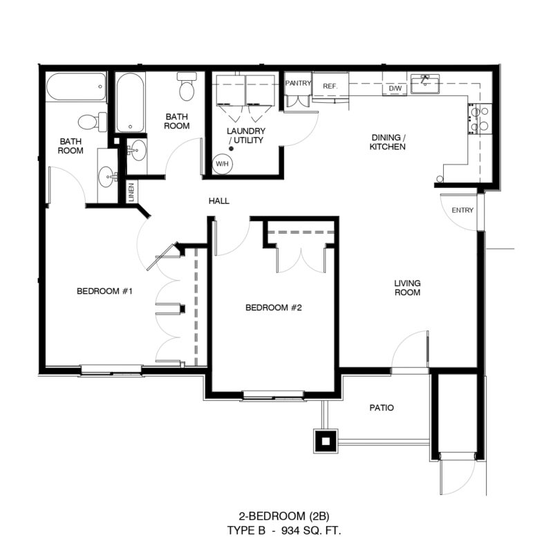 Two-bedroom apartment floor plan with entry, living room, dining/kitchen, two bedrooms, bathroom, laundry, and patio. 934 sq ft (Type B).