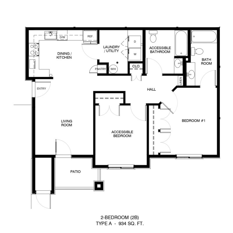 Floor plan of a 2-bedroom apartment with living room, dining/kitchen, two bedrooms, hall, bathroom, laundry area, and patio