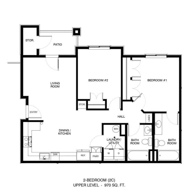 Upper level floor plan showing two bedrooms, living room, dining/kitchen, hall, bathrooms, laundry, and patio area.