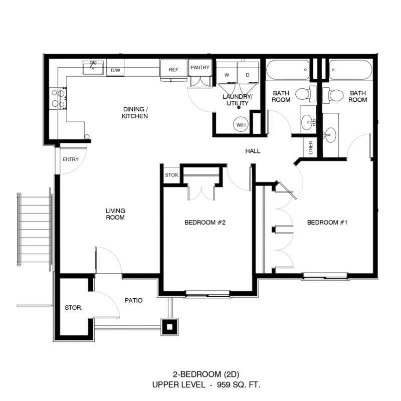 Upper-level floor plan of a two-bedroom apartment: living room, dining/kitchen, bedrooms 1 and 2, baths, laundry, patio and storage.
