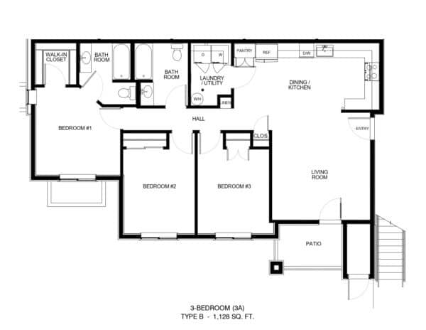 Floor plan of a 3-bedroom apartment: entry opens to living/dining kitchen, with a hall to bedrooms, baths, laundry, and pantry. Patio outside.
