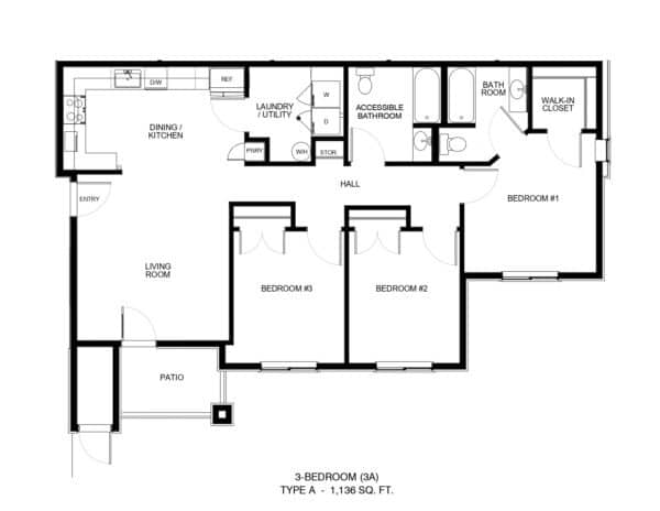 3-bedroom unit floor plan: entry into living room, adjacent dining/kitchen, hallway to bedrooms, bathroom, laundry, and walk-in closet; patio shown.
