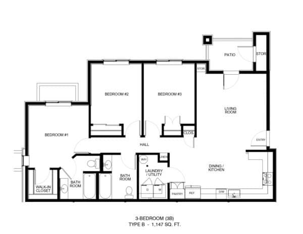 Floor plan of a 3-bedroom unit showing bedrooms, living room, dining/kitchen, baths, laundry, and entryway labeled TYPE B – 1,147 sq ft.