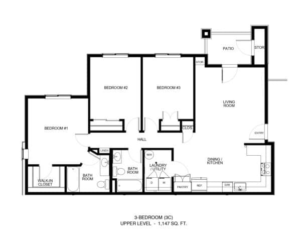 Upper-level floor plan: 3 bedrooms, hall, baths, laundry, dining/kitchen, living room, patio storage.