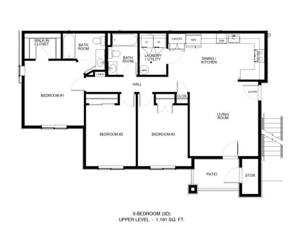 Upper-level floor plan: three bedrooms, hall, living room, dining/kitchen, baths, laundry, pantry, and patio outside.