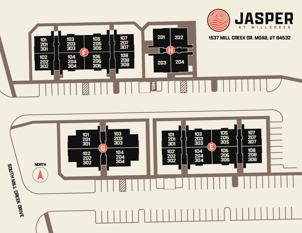 Site map of Jasper at Millcreek apartments showing building blocks with unit numbers, four markers (F, G, E, H), a north arrow, surrounding parking, and Millcreek Drive.